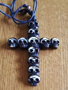 Gothic Skull Head Pendant Cross On Black Cord